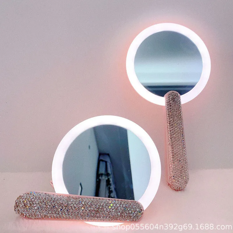 LED Light Mirror Rotatable Folding Makeup Mirror Rhinestone With Handle Portable Decorative Mirror Makeup Tool