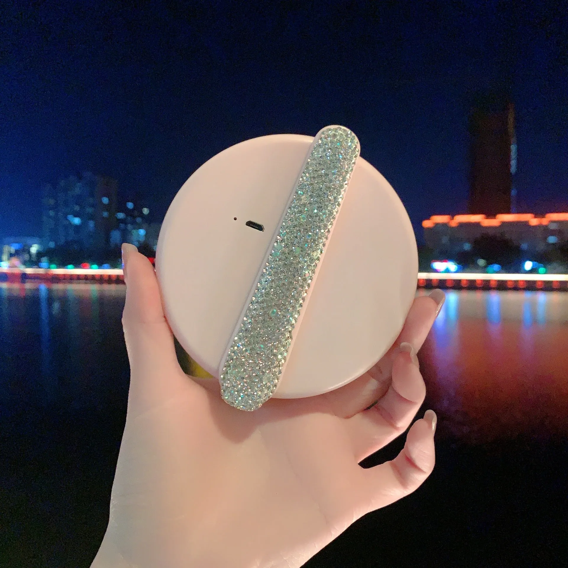 LED Light Mirror Rotatable Folding Makeup Mirror Rhinestone With Handle Portable Decorative Mirror Makeup Tool