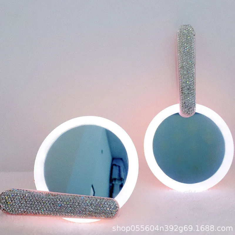 LED Light Mirror Rotatable Folding Makeup Mirror Rhinestone With Handle Portable Decorative Mirror Makeup Tool