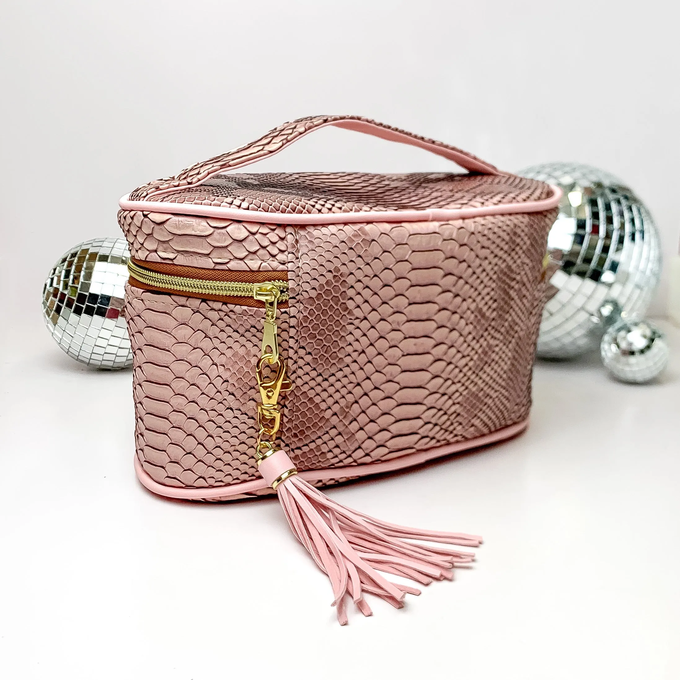 Makeup Junkie | Small Copperazzi Train Case in Dusty Pink Snake Print