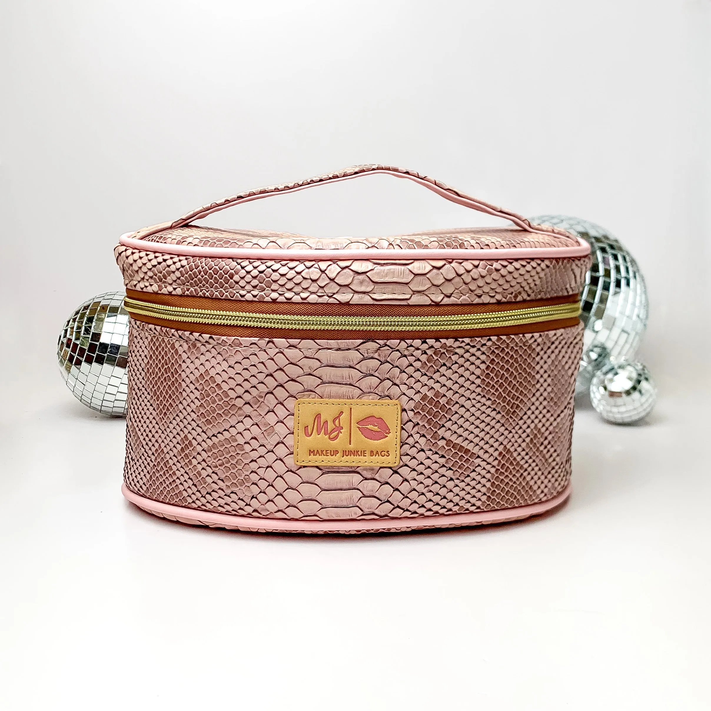 Makeup Junkie | Small Copperazzi Train Case in Dusty Pink Snake Print