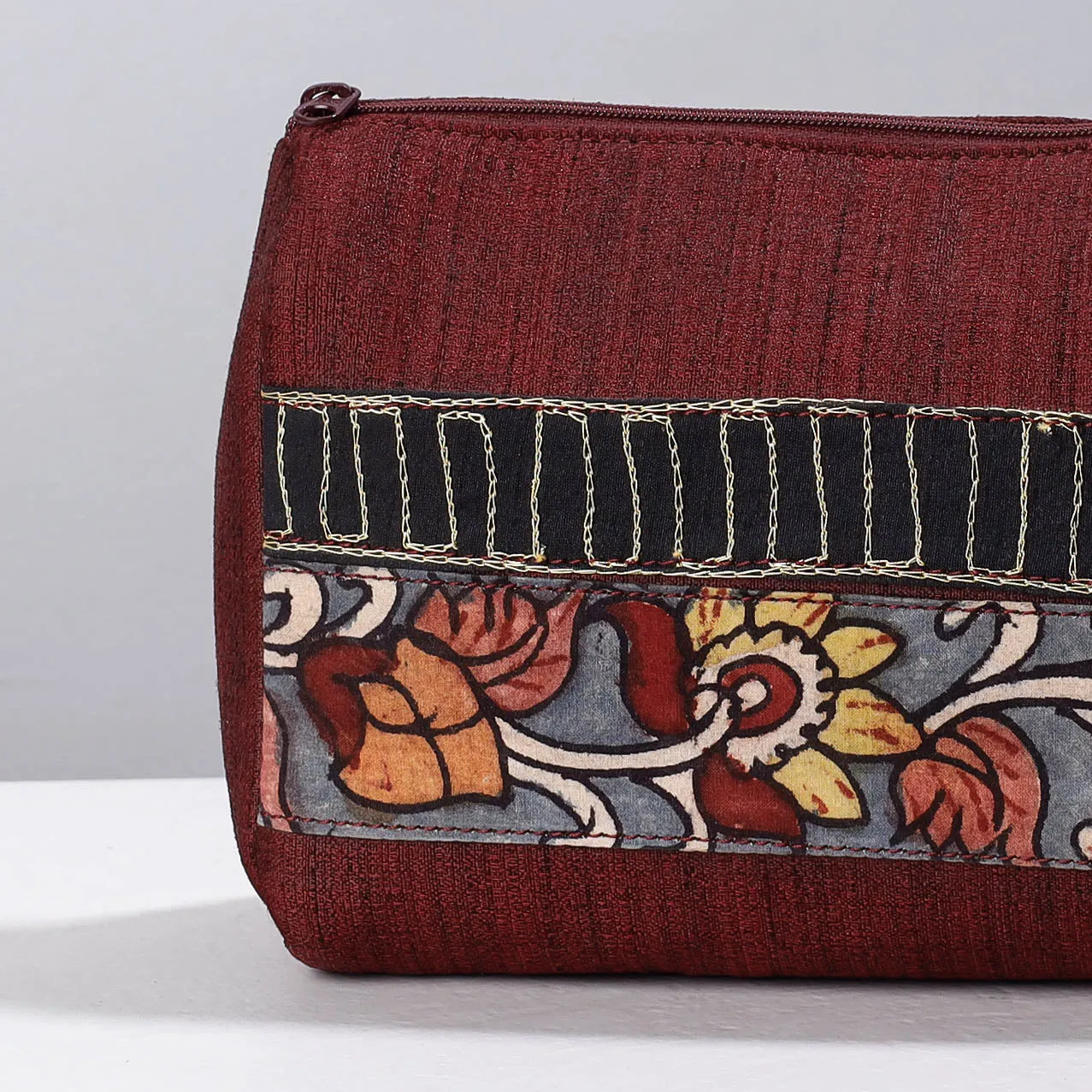 Maroon - Handpainted Kalamkari Natural Dyed Ghicha Silk Multipurpose Cosmetic/Toiletry Pouch