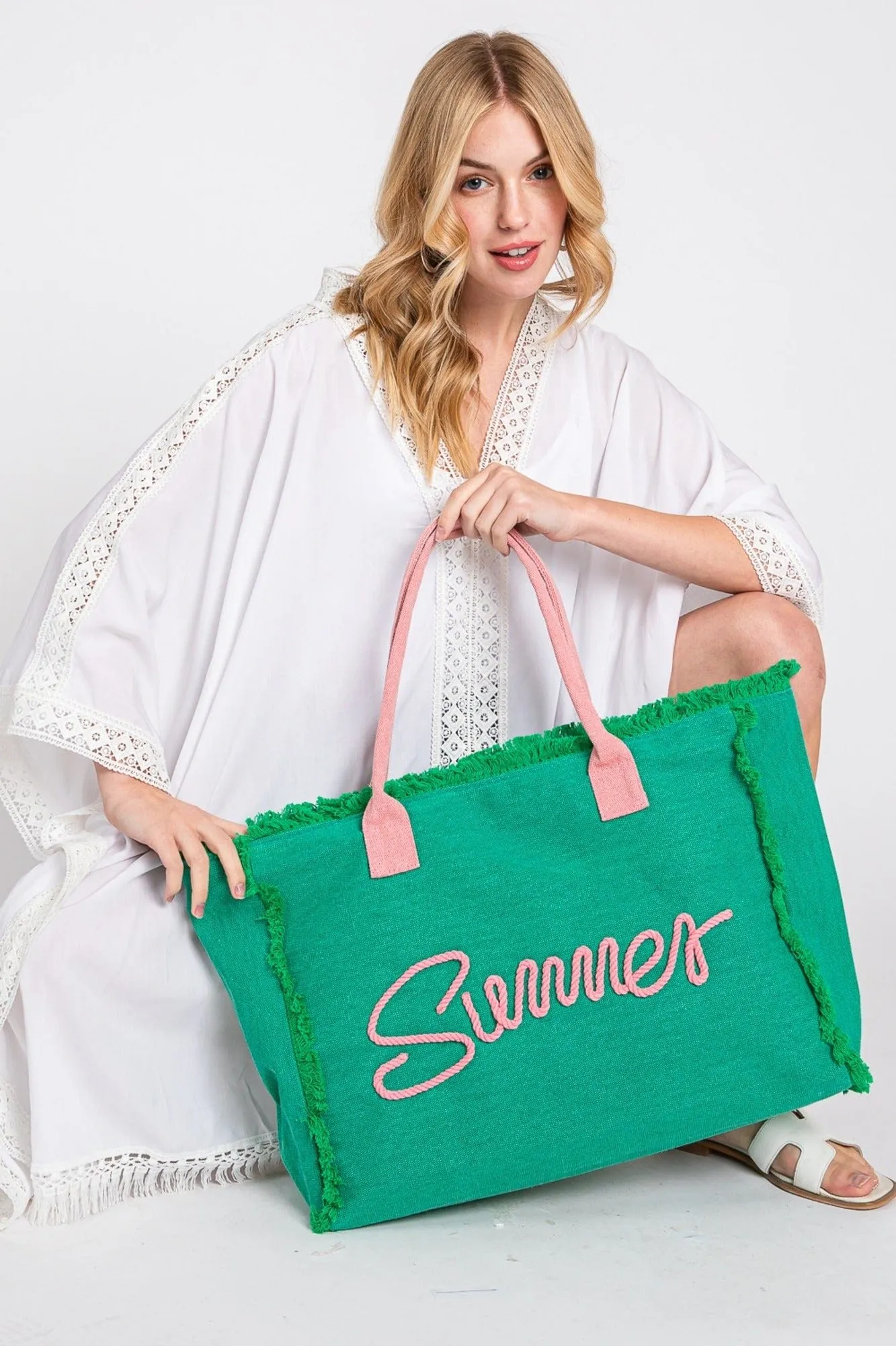 MB0204 Sewn Rope Summer Letter Fringe Tote Bag