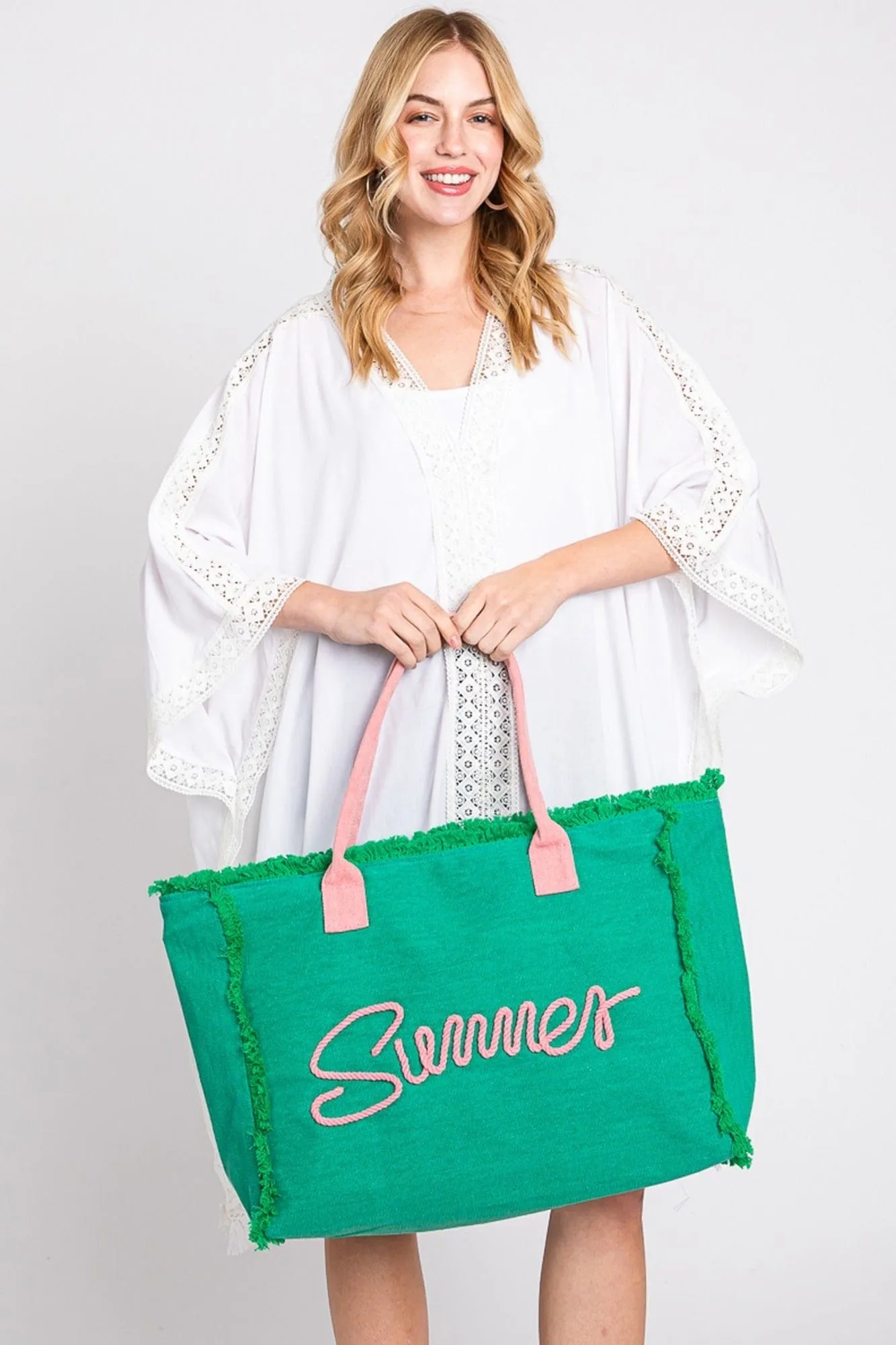 MB0204 Sewn Rope Summer Letter Fringe Tote Bag