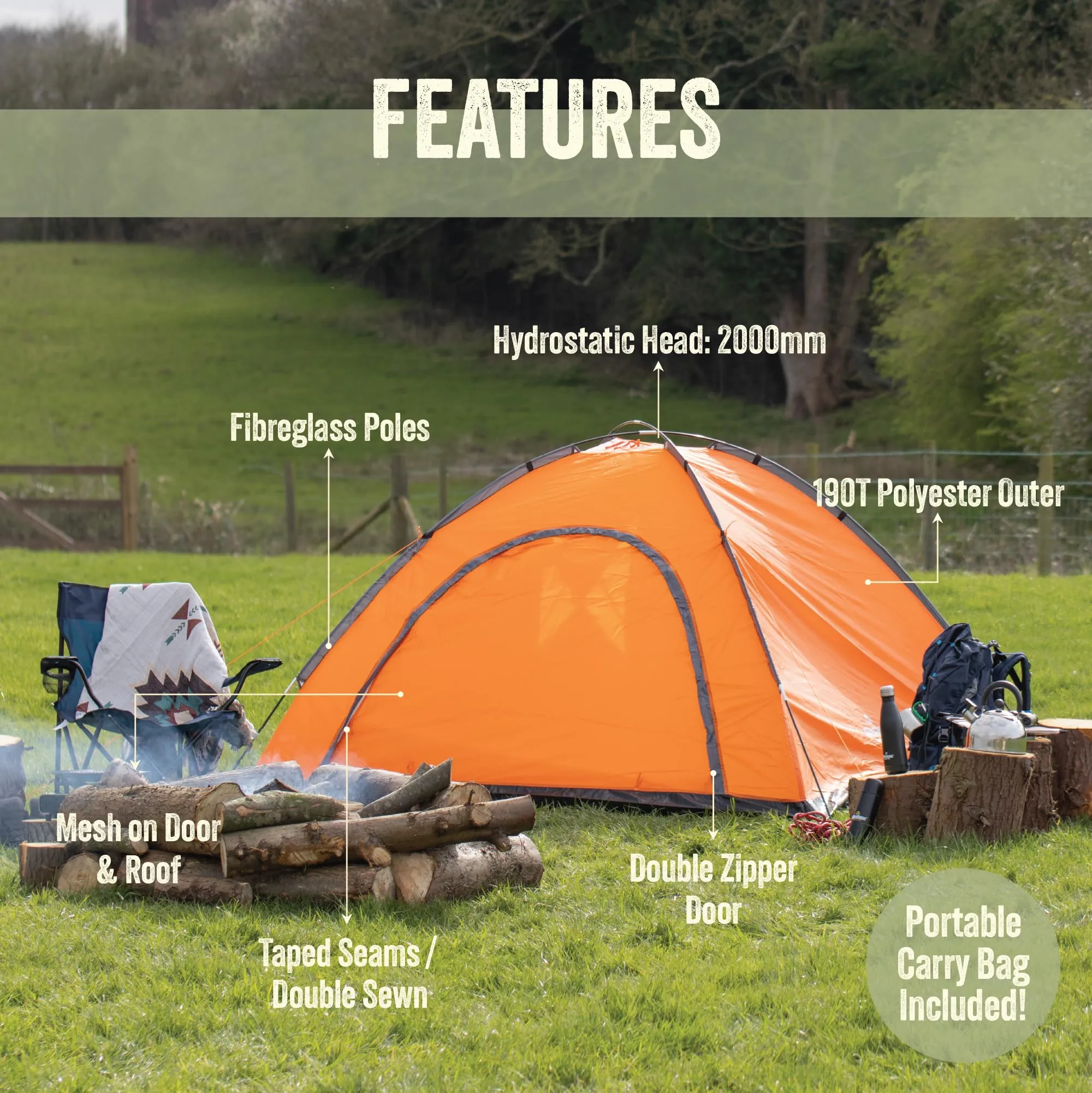 Milestone Camping 18849 Dome Tent/Sleeps 4 People/Water Resistant/Portable Carry Bag Included/Double Zipper Door & Mesh Window / 130cm x 210cm x 240cm