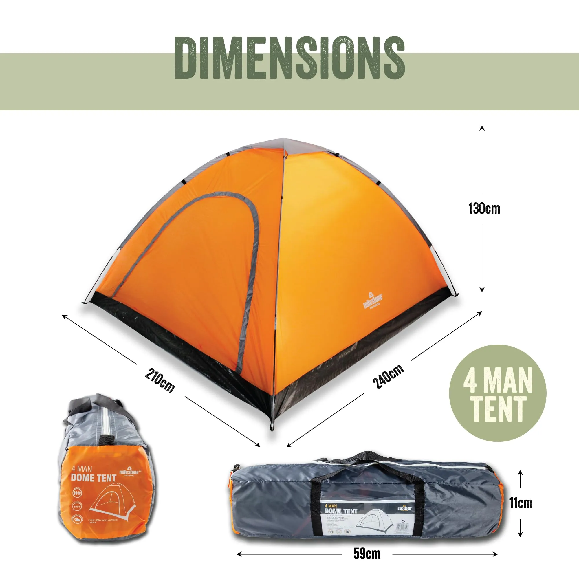 Milestone Camping 18849 Dome Tent/Sleeps 4 People/Water Resistant/Portable Carry Bag Included/Double Zipper Door & Mesh Window / 130cm x 210cm x 240cm