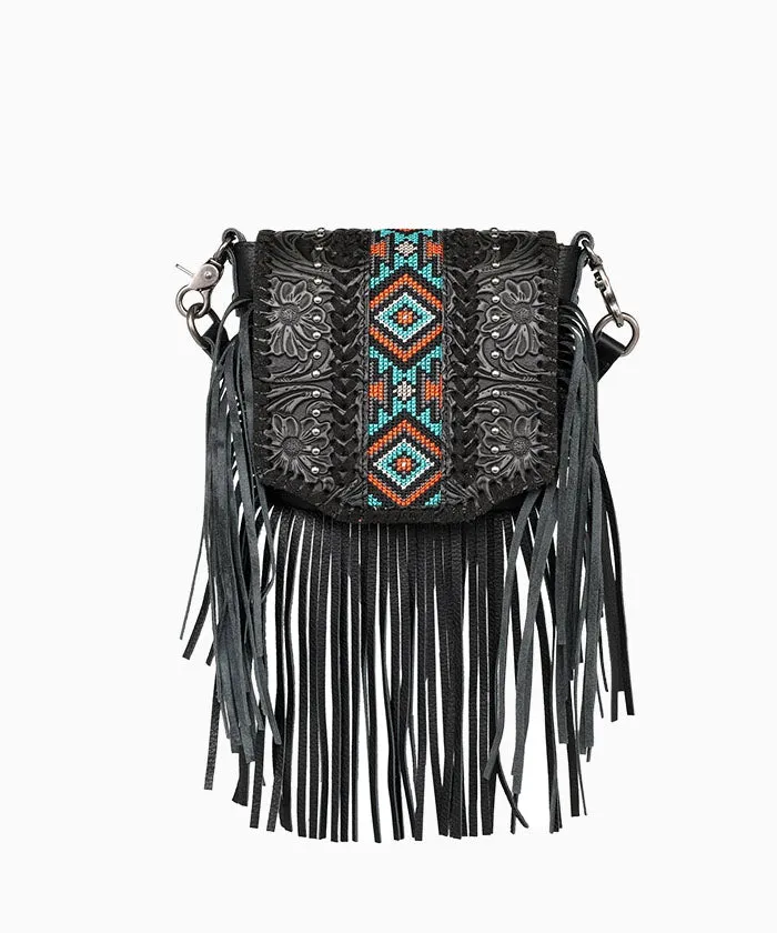 Montana West Genuine Leather Floral Tooled Fringe Crossbody