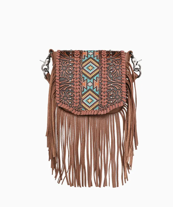 Montana West Genuine Leather Floral Tooled Fringe Crossbody