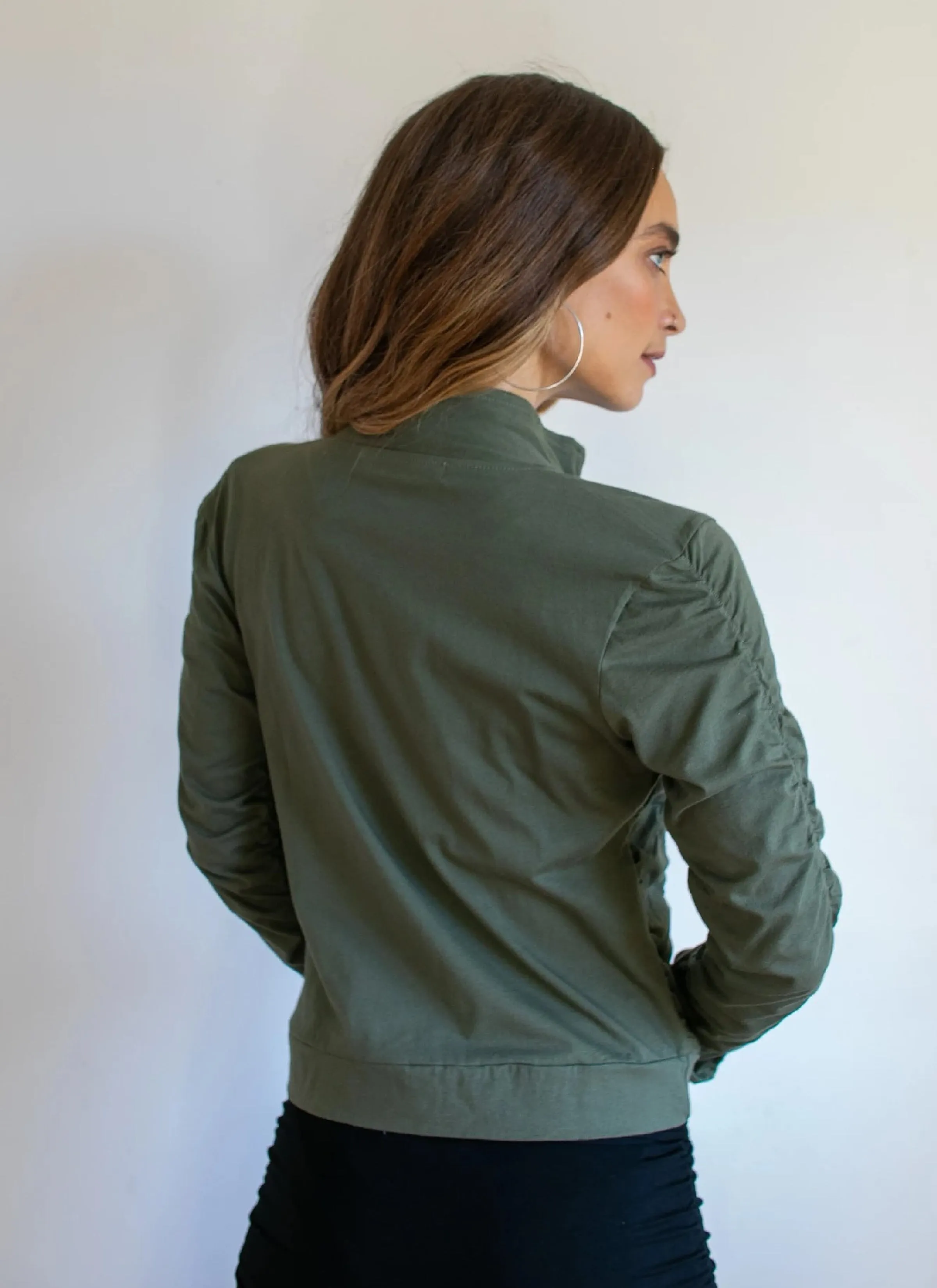 Mrs. Peacock Ruched Zip Front Jacket Olive