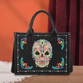 MW494G-H8120S  Montana West Embroidered Sugar Skull Tote/Crossbody - Black