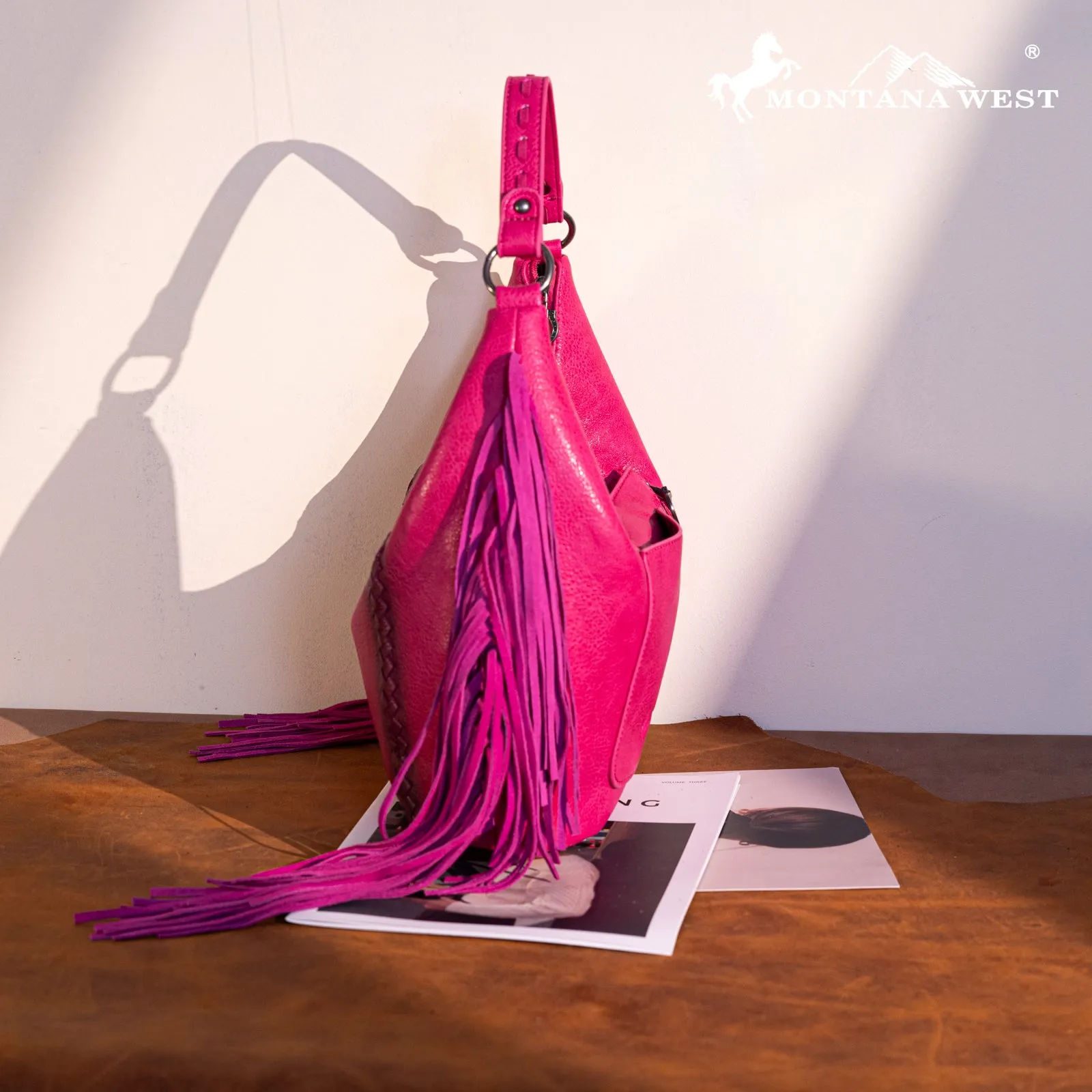 MWF1007G-9360 Montana West Fringe Collection Concealed Carry Hobo/Crossbody - Hot Pink