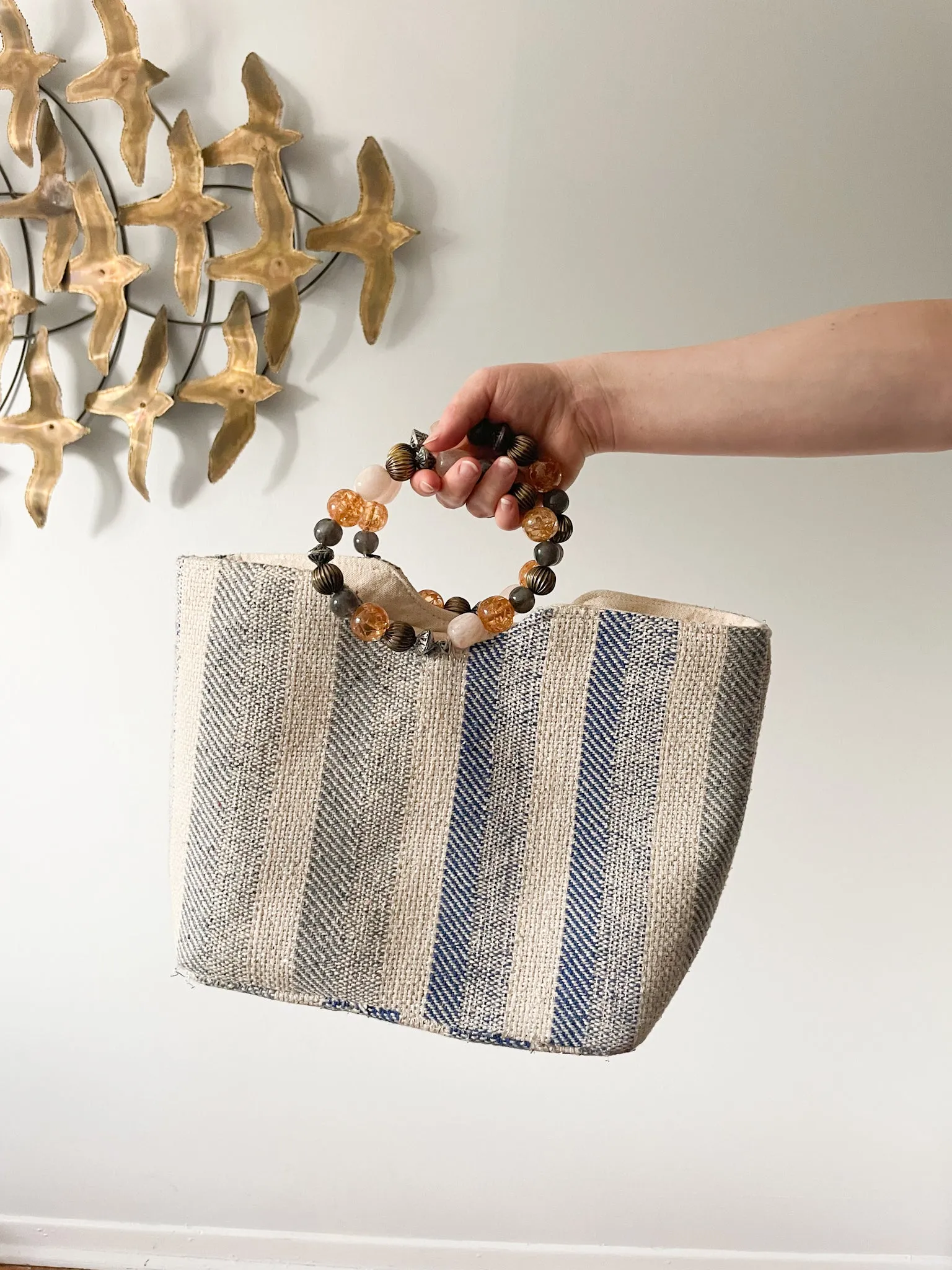 Nanette Lepore Blue and White Metallic Stripe Woven Boho Bag with Beaded Handles