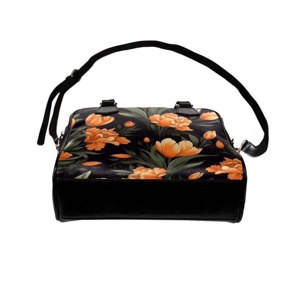 Orange Floral Purse, Flowers Retro Pattern Cute Small Shoulder Zip Bag Vegan Leather Women Designer Handbag Crossbody Ladies