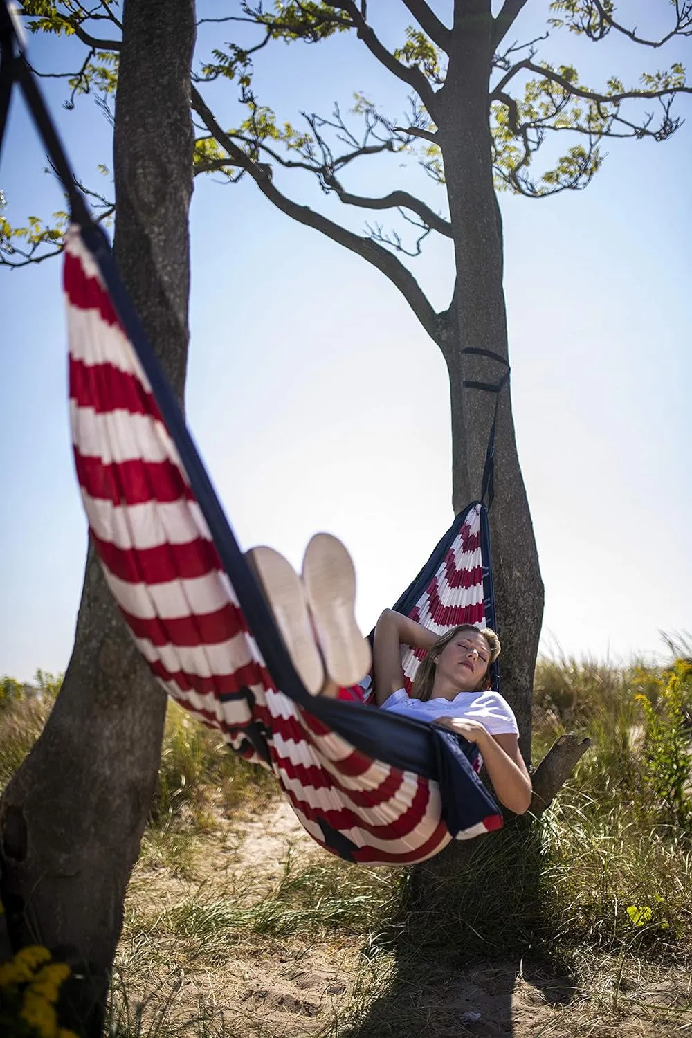 Portable Camping Hammock 1-2Person Kids or Adults with Straps, Caribiners & Bag for Travel/Backpacking/Hiking/Backyard/Lawn, Sugar Swizzle/Maritime Blue/Admiral Red, Large