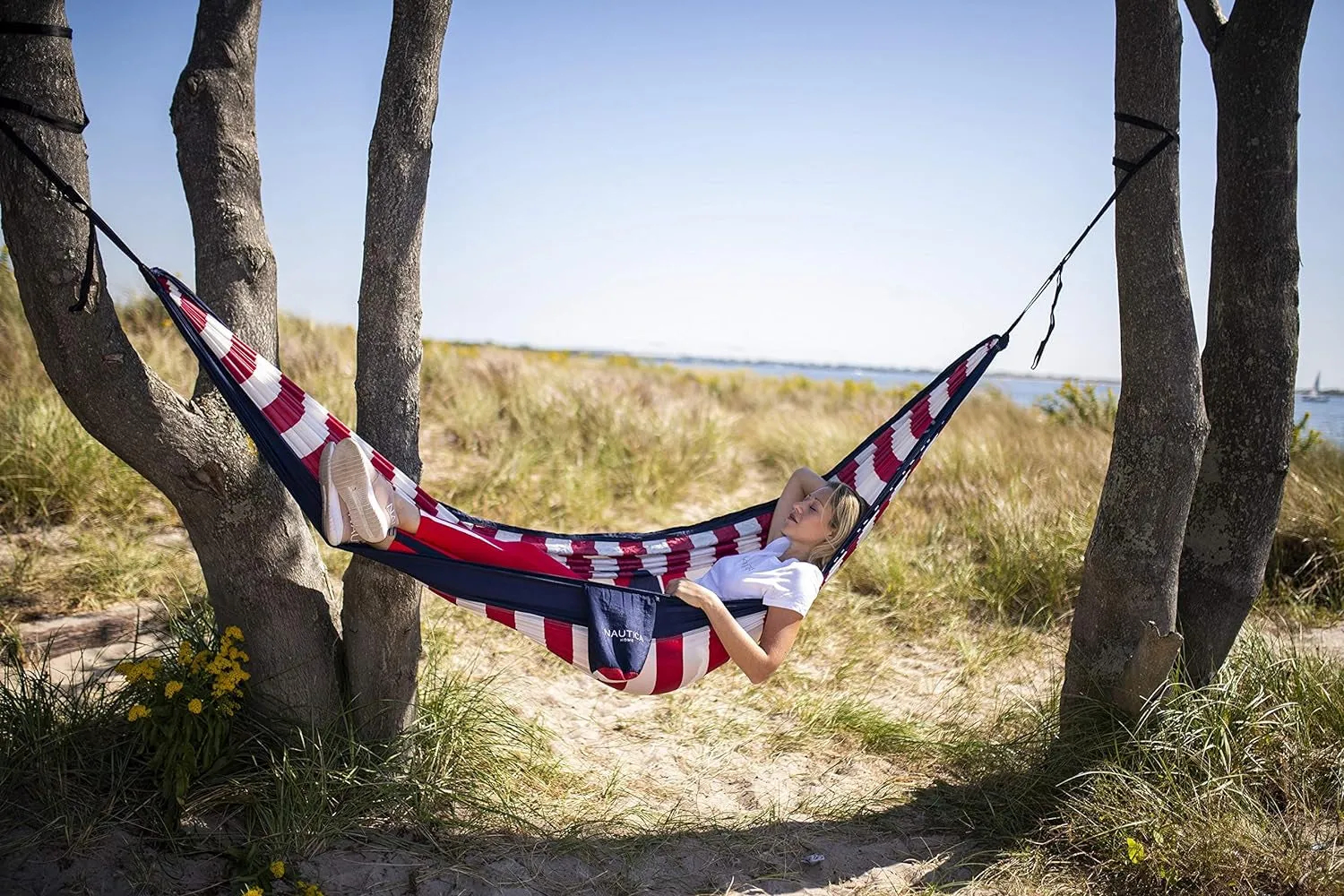 Portable Camping Hammock 1-2Person Kids or Adults with Straps, Caribiners & Bag for Travel/Backpacking/Hiking/Backyard/Lawn, Sugar Swizzle/Maritime Blue/Admiral Red, Large