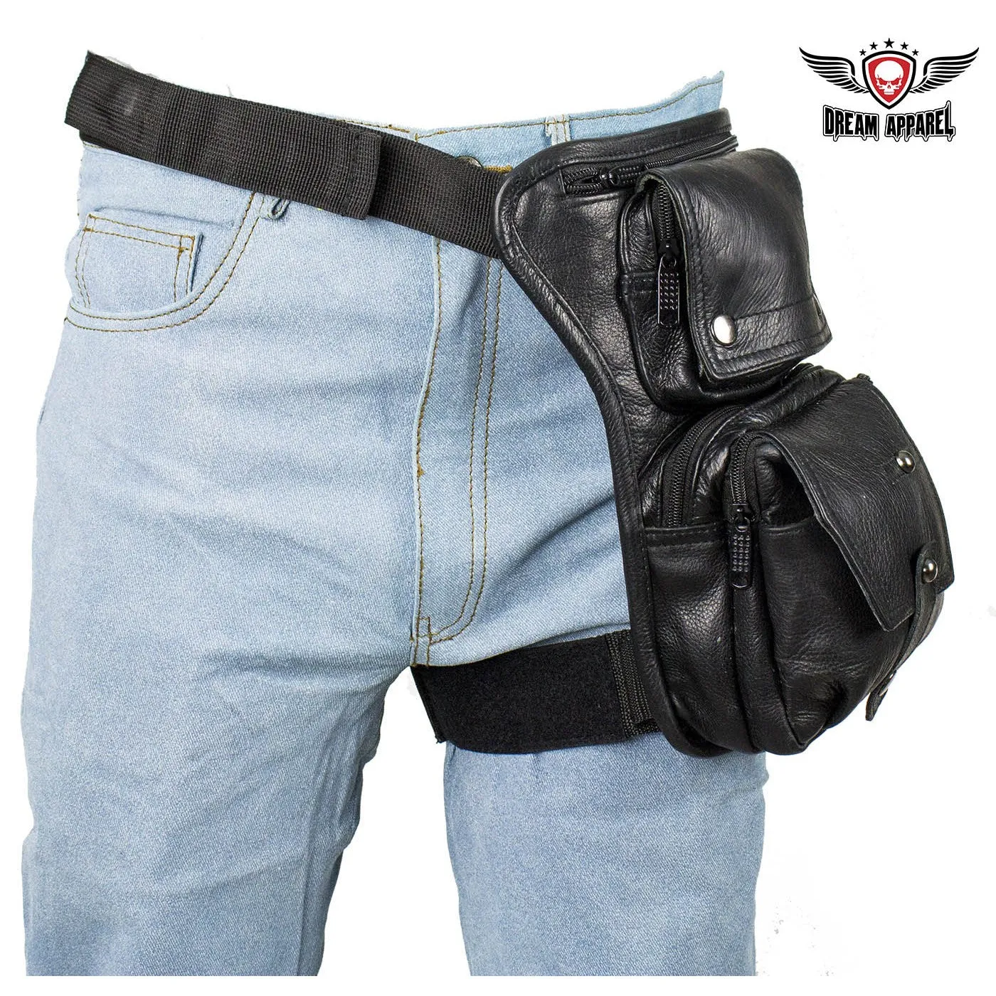 Premier Black Leather Multi Pocket Thigh Bags with Gun Pocket