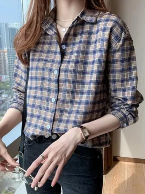 Pure Cotton Women Shirt Loose Fashion Button Up BF Ladies Plaid Shirt Casual Korean Long Sleeve Fall All Match Female Shirt