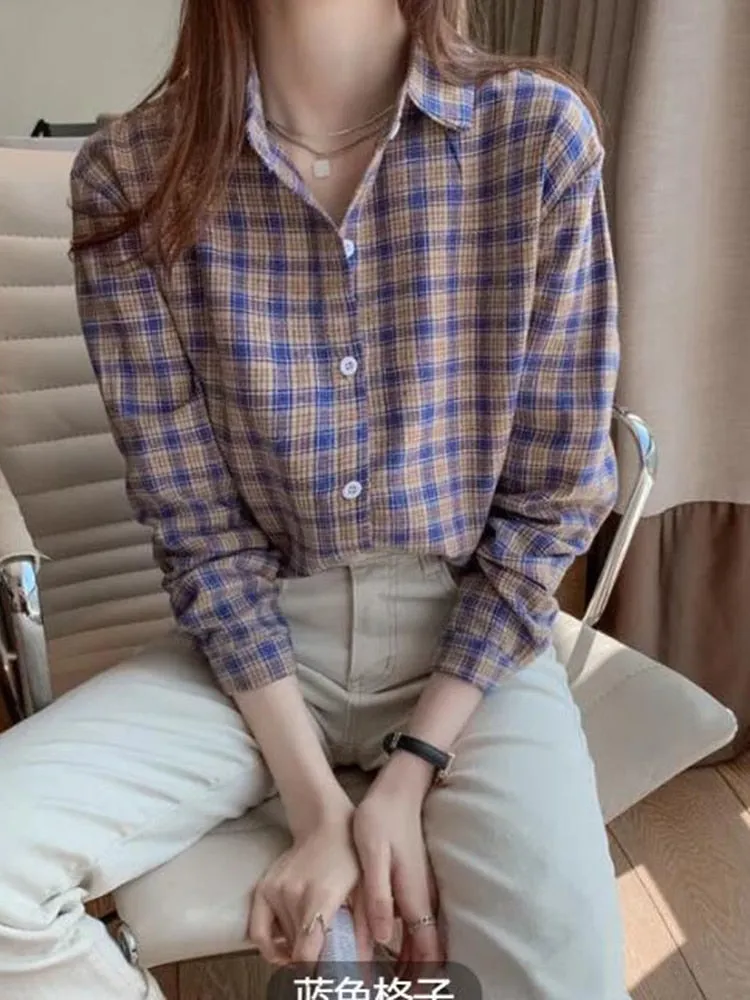 Pure Cotton Women Shirt Loose Fashion Button Up BF Ladies Plaid Shirt Casual Korean Long Sleeve Fall All Match Female Shirt