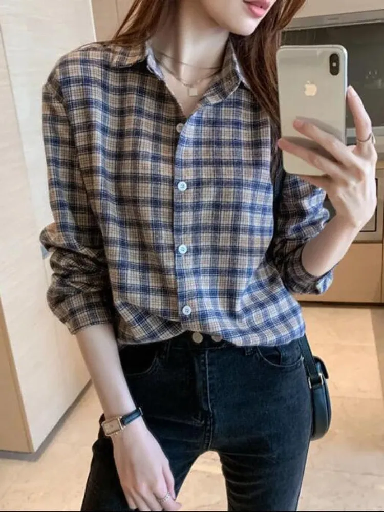 Pure Cotton Women Shirt Loose Fashion Button Up BF Ladies Plaid Shirt Casual Korean Long Sleeve Fall All Match Female Shirt