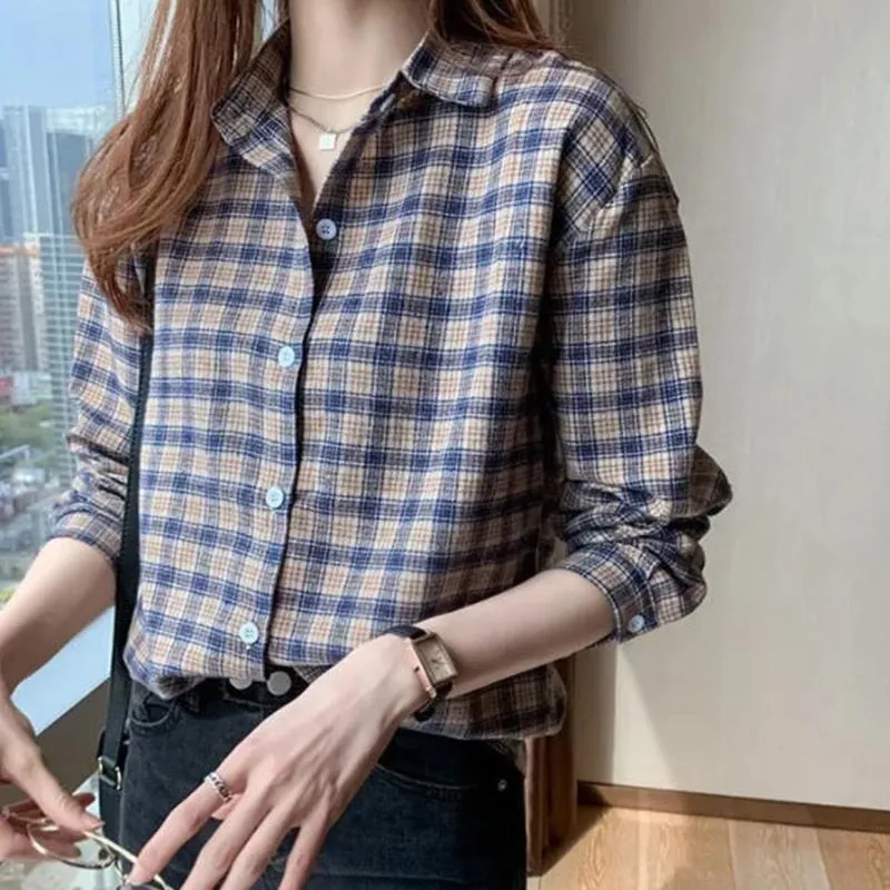 Pure Cotton Women Shirt Loose Fashion Button Up BF Ladies Plaid Shirt Casual Korean Long Sleeve Fall All Match Female Shirt