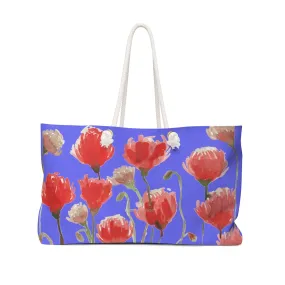 Purple Red Poppy Floral Bag, Flowers Floral Print Oversized Designer 24"x13" Large Weekender Bag