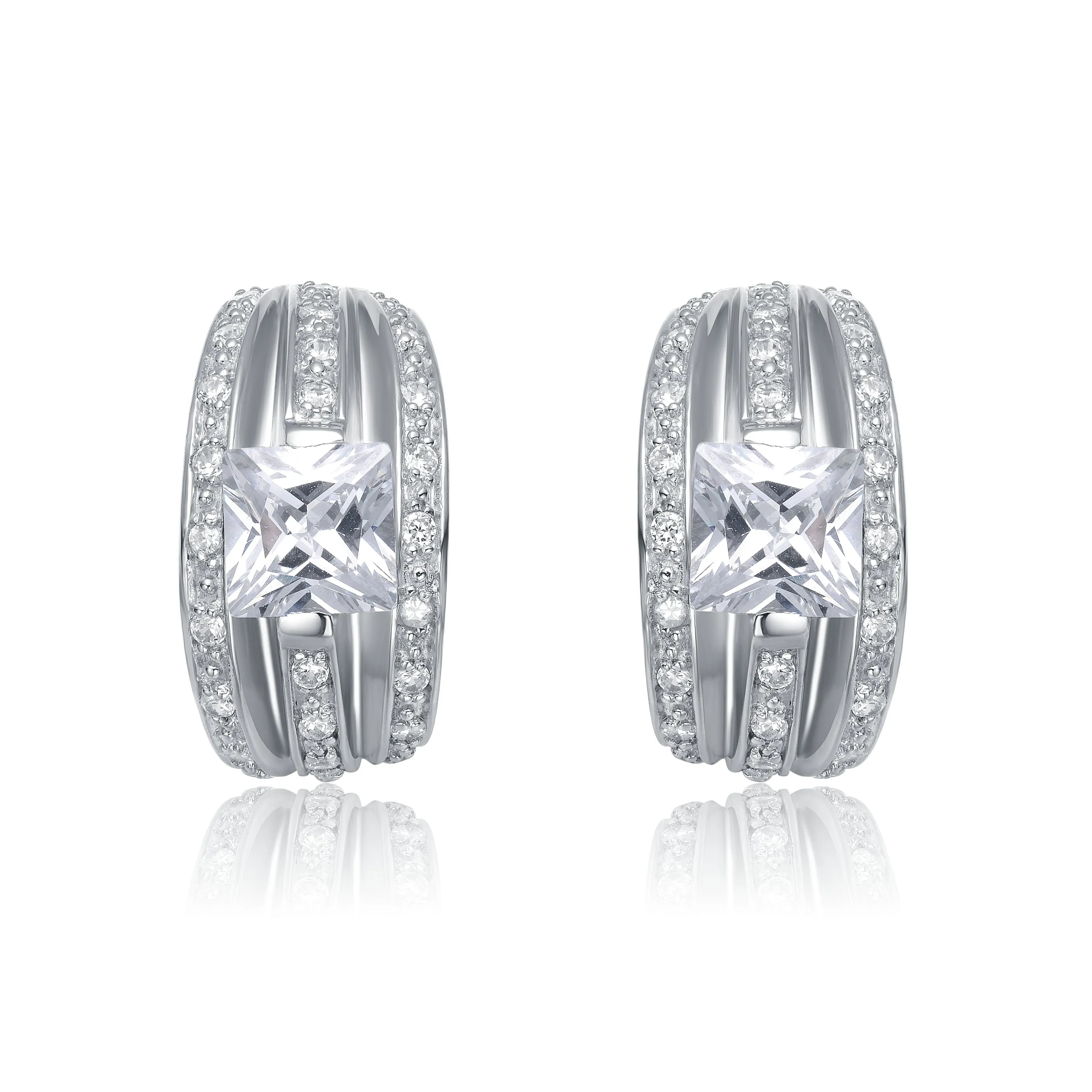 Rhodium-Plated Sterling Silver Cubic Zirconia Hoop Earrings