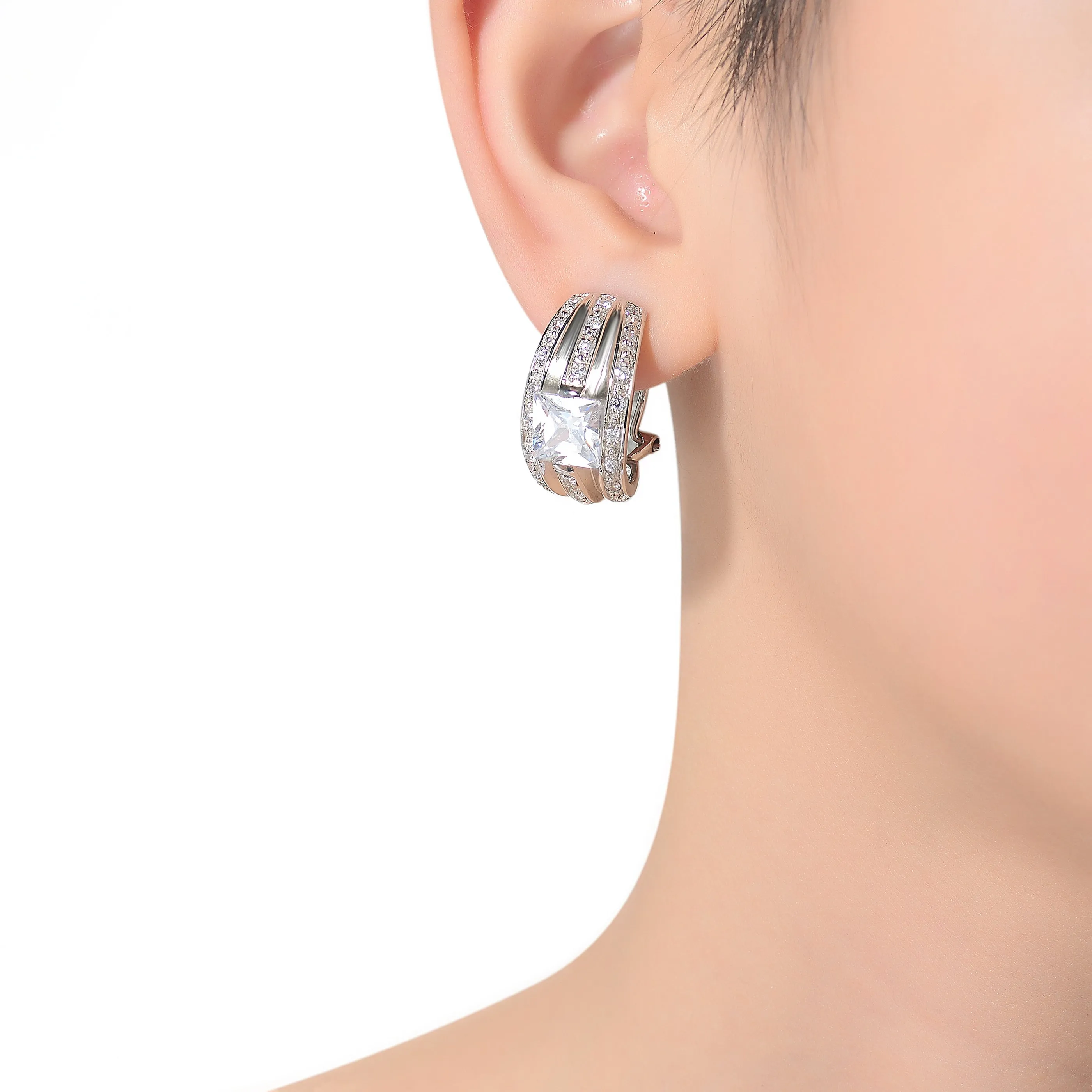 Rhodium-Plated Sterling Silver Cubic Zirconia Hoop Earrings