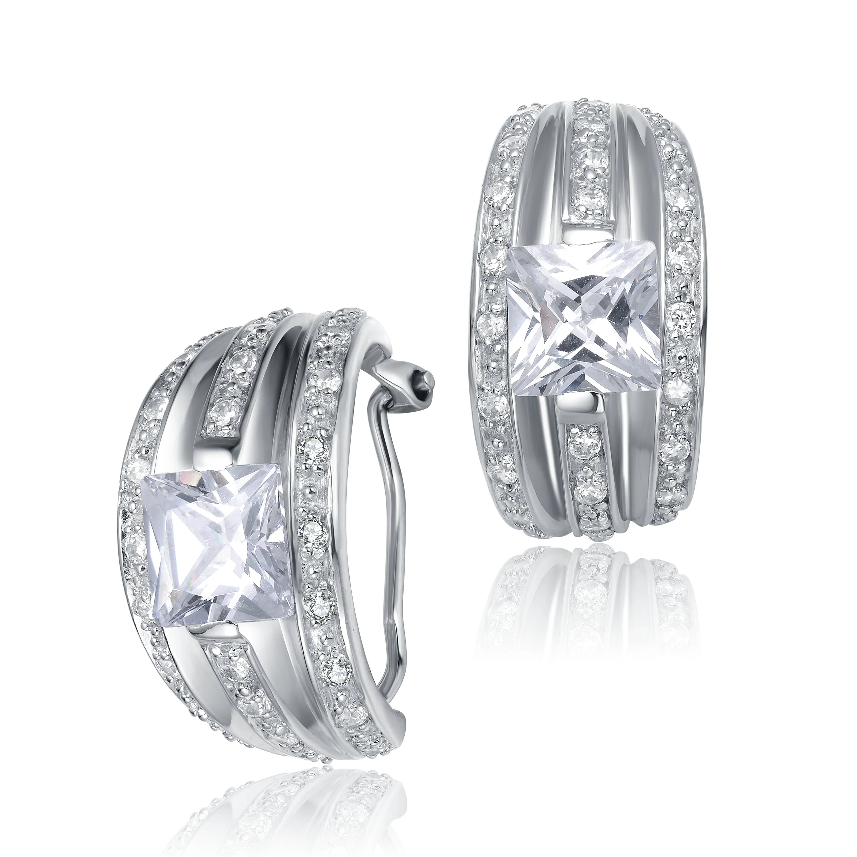 Rhodium-Plated Sterling Silver Cubic Zirconia Hoop Earrings