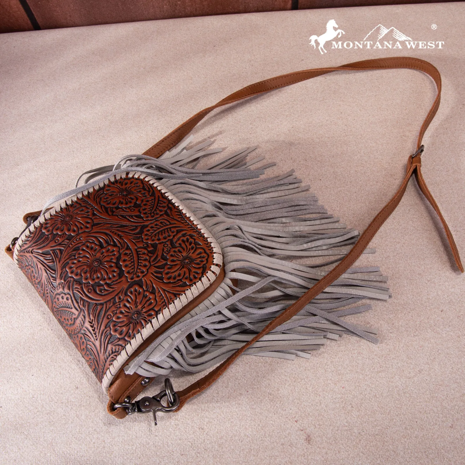 RLC-L159 Montana West Genuine Leather Tooled Collection Fringe Crossbody -Brown-Tan