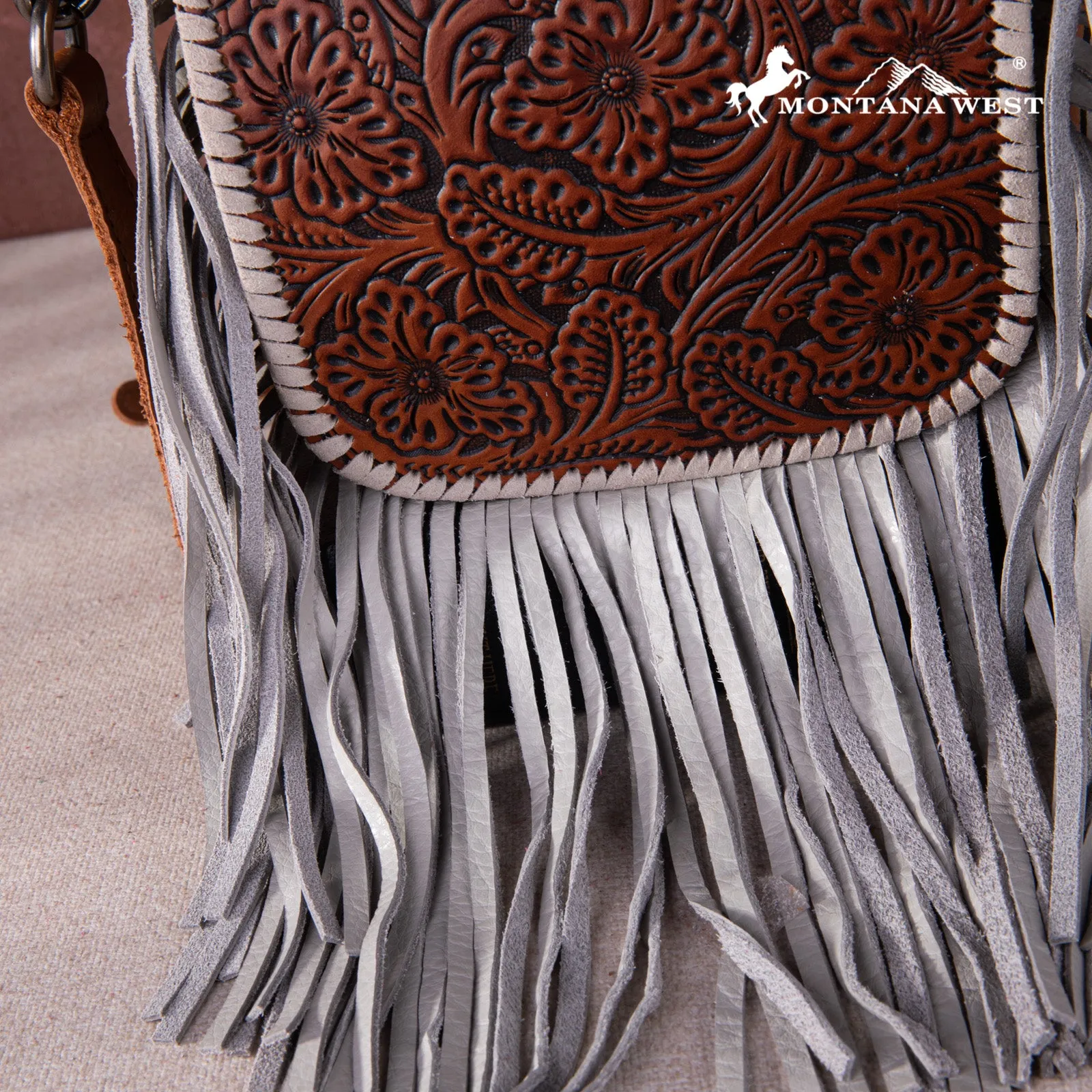 RLC-L159 Montana West Genuine Leather Tooled Collection Fringe Crossbody -Brown-Tan