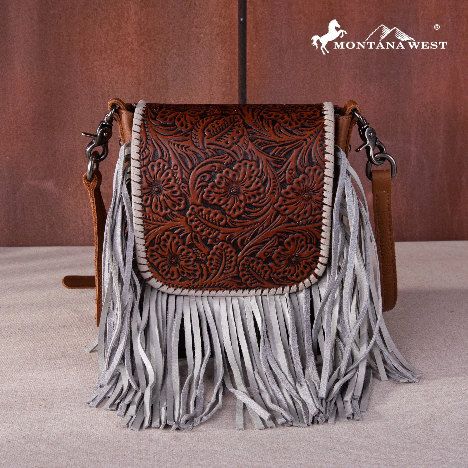 RLC-L159 Montana West Genuine Leather Tooled Collection Fringe Crossbody -Brown-Tan