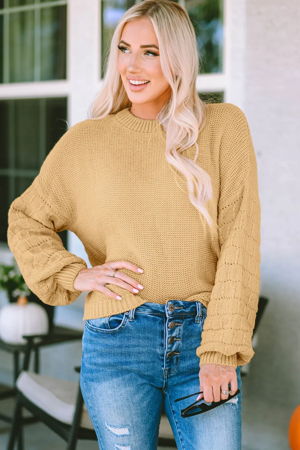 Round Neck Dropped Shoulder Waffle-Knit Sweater