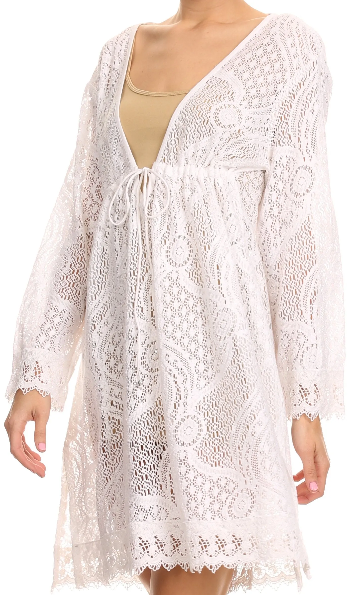 Sakkas Cal Long Crochet Lace Embroidered Adjustable Long Sleeve Tall Beach Dress