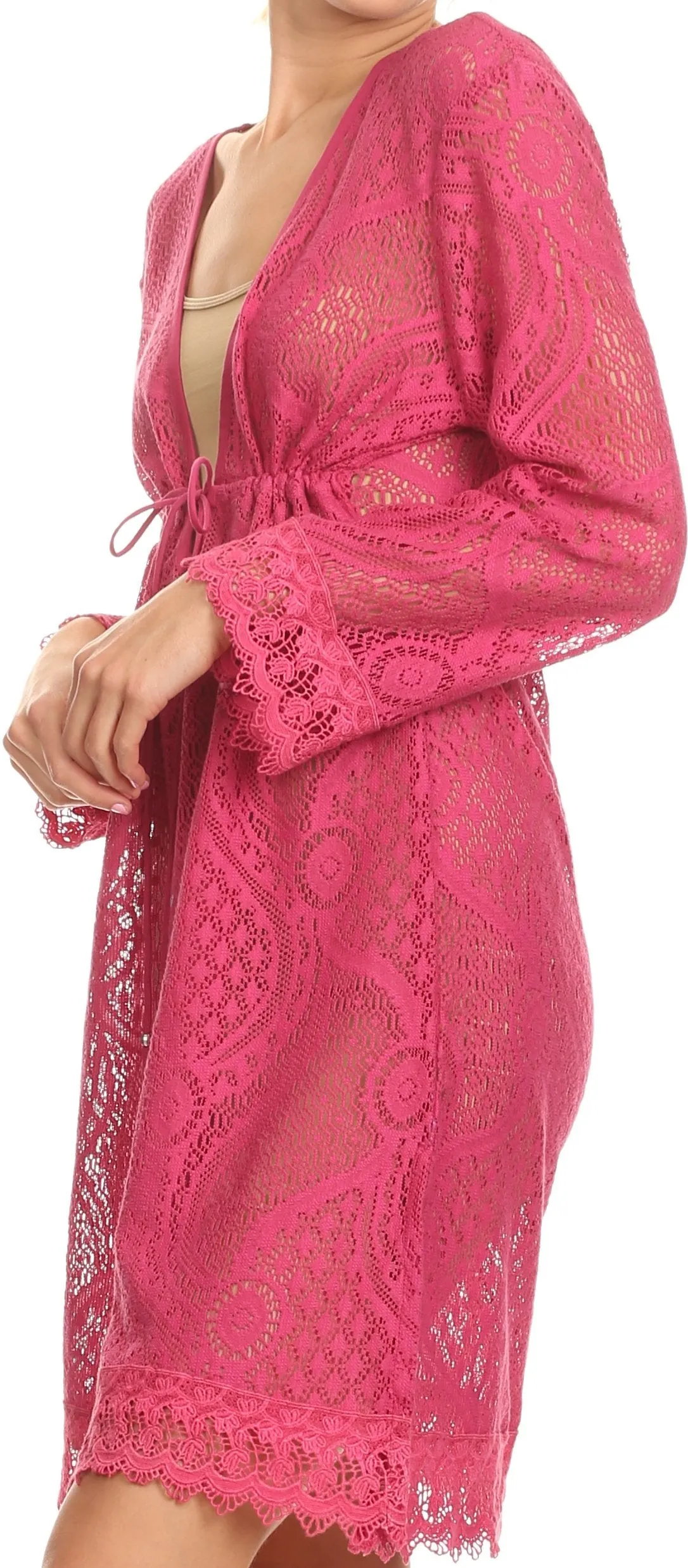 Sakkas Cal Long Crochet Lace Embroidered Adjustable Long Sleeve Tall Beach Dress