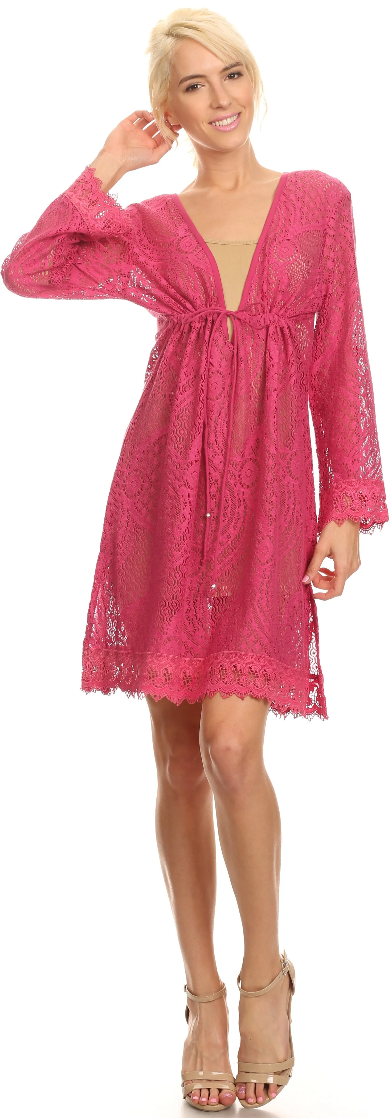 Sakkas Cal Long Crochet Lace Embroidered Adjustable Long Sleeve Tall Beach Dress