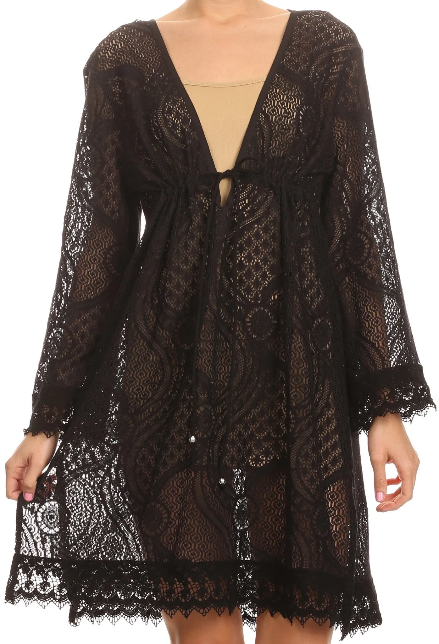 Sakkas Cal Long Crochet Lace Embroidered Adjustable Long Sleeve Tall Beach Dress