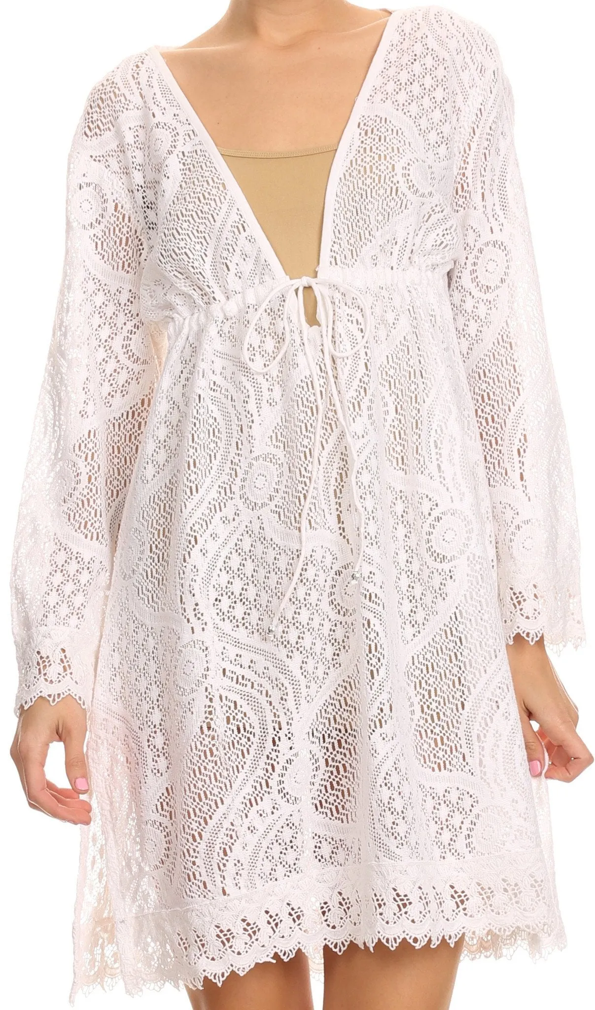 Sakkas Cal Long Crochet Lace Embroidered Adjustable Long Sleeve Tall Beach Dress