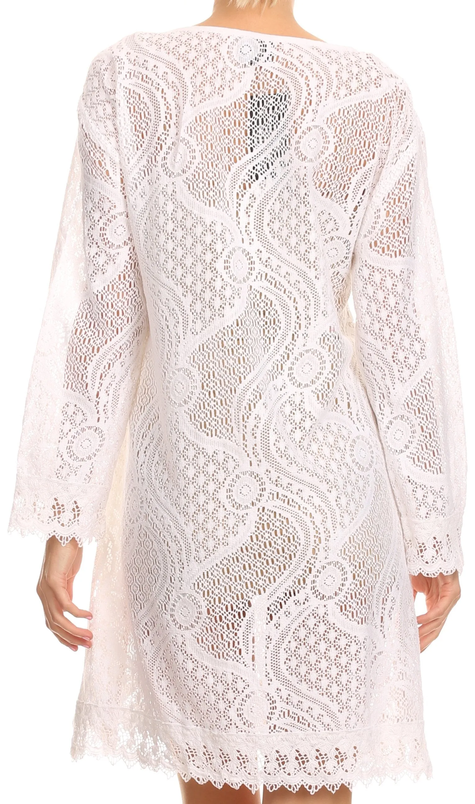 Sakkas Cal Long Crochet Lace Embroidered Adjustable Long Sleeve Tall Beach Dress