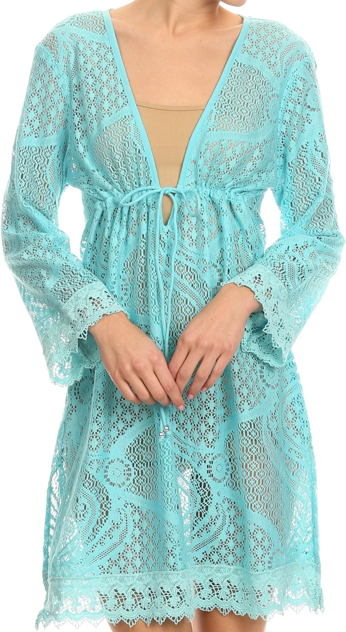 Sakkas Cal Long Crochet Lace Embroidered Adjustable Long Sleeve Tall Beach Dress