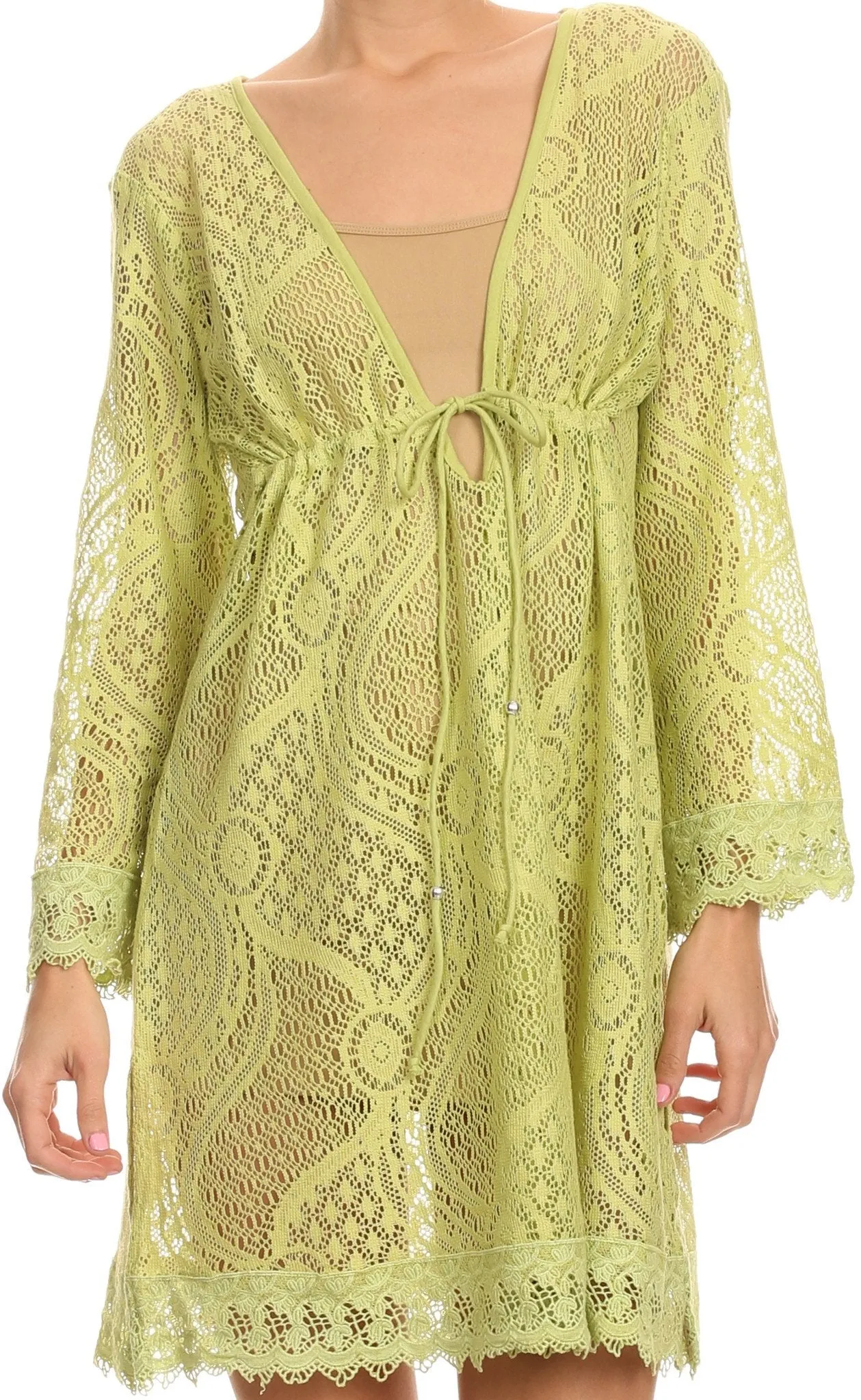 Sakkas Cal Long Crochet Lace Embroidered Adjustable Long Sleeve Tall Beach Dress