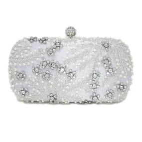 Silver Crystal Leaves and Pearl Beads Embroidered Wedding Clutch, Evening Clutch, Wedding Clutch, Bridal Bag, Beige Cross Body Bag