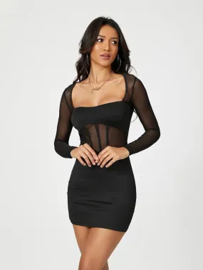 Sleeve Bodycon Solid Color Mesh Splicing See-Through Square Neck Cocktail Party Club Skinny Mini Casual Long Dress