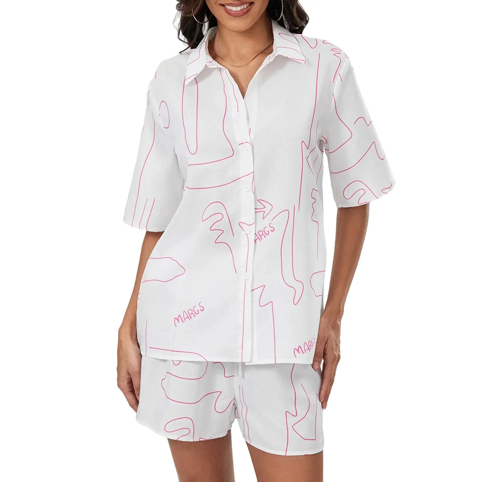 Sleeve Lapel Collar Button Down Elastic Waist Sleepwear Out Fits Short Pajamas