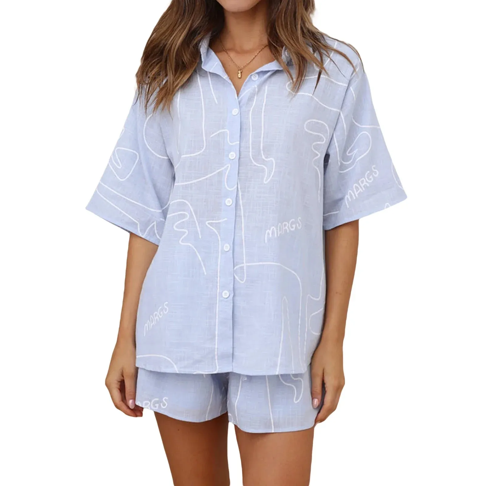 Sleeve Lapel Collar Button Down Elastic Waist Sleepwear Out Fits Short Pajamas