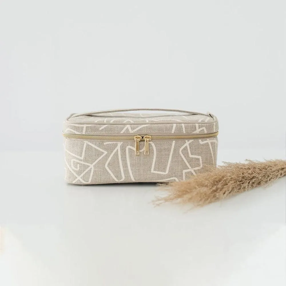 SoYoung Large Raw Linen Makeup Bag Beauty Poche - Abstract Lines