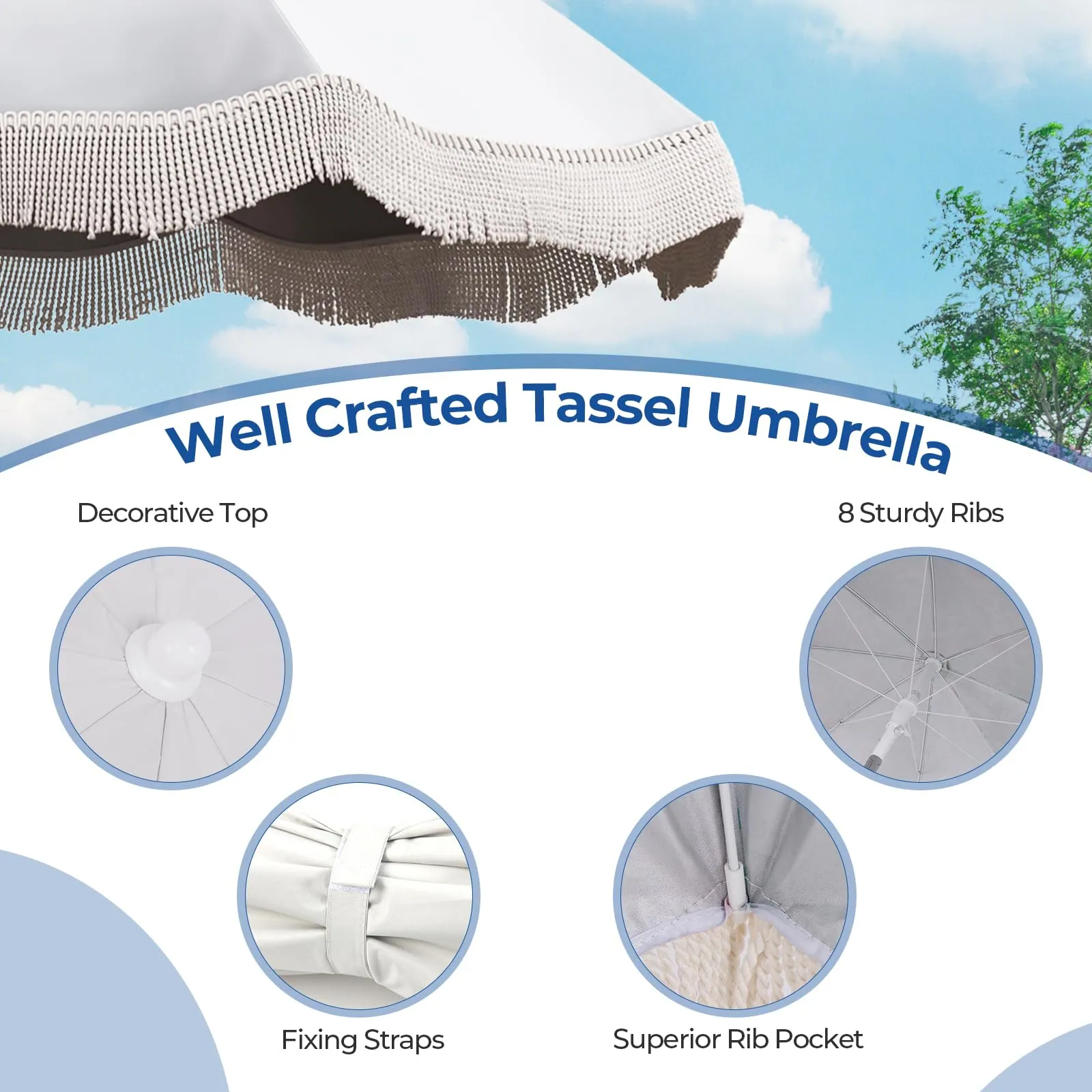 Tangkula 6.5FT Beach Umbrella with Fringe, UPF50  Outdoor Boho Umbrella with Tassels, Push Button Tilt