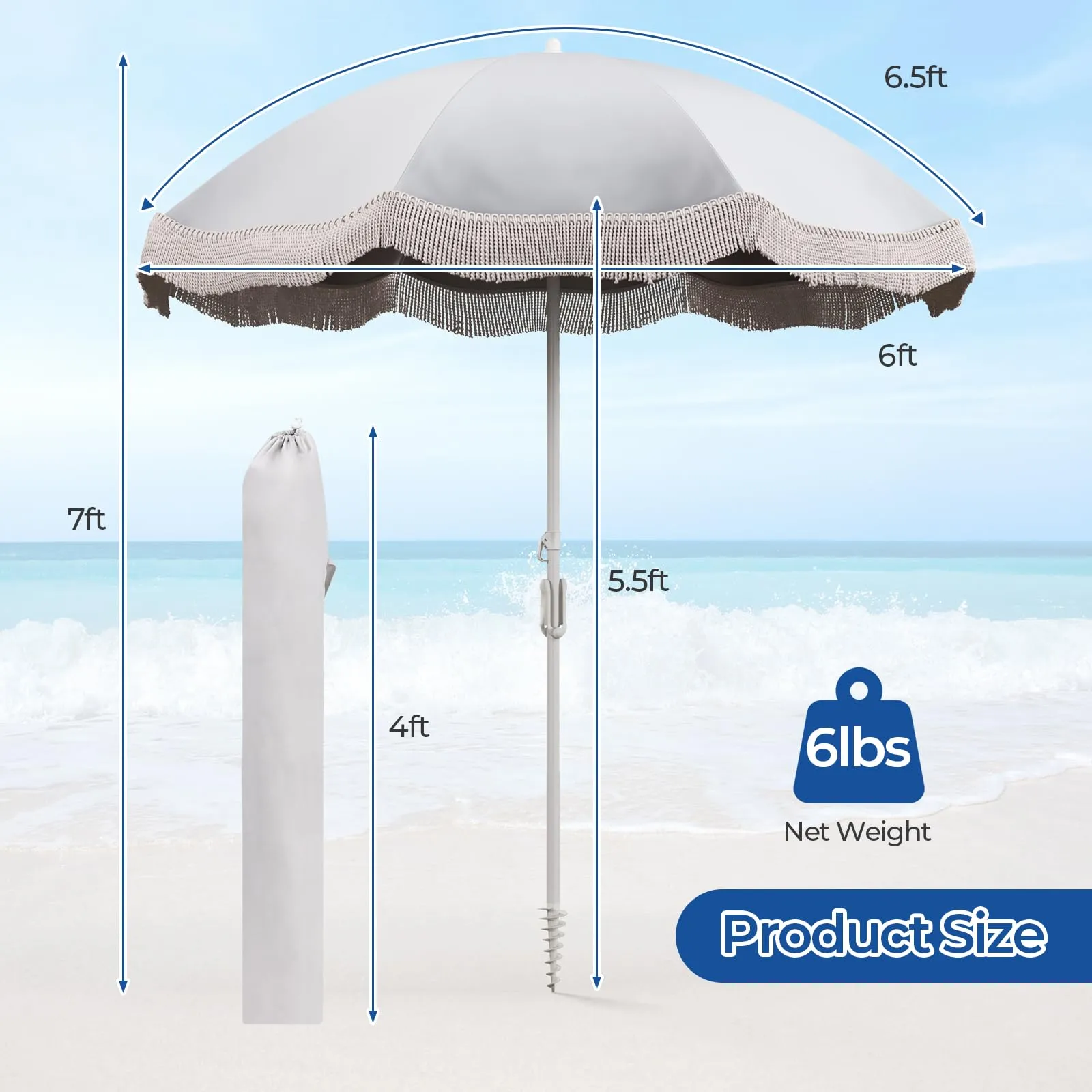 Tangkula 6.5FT Beach Umbrella with Fringe, UPF50  Outdoor Boho Umbrella with Tassels, Push Button Tilt