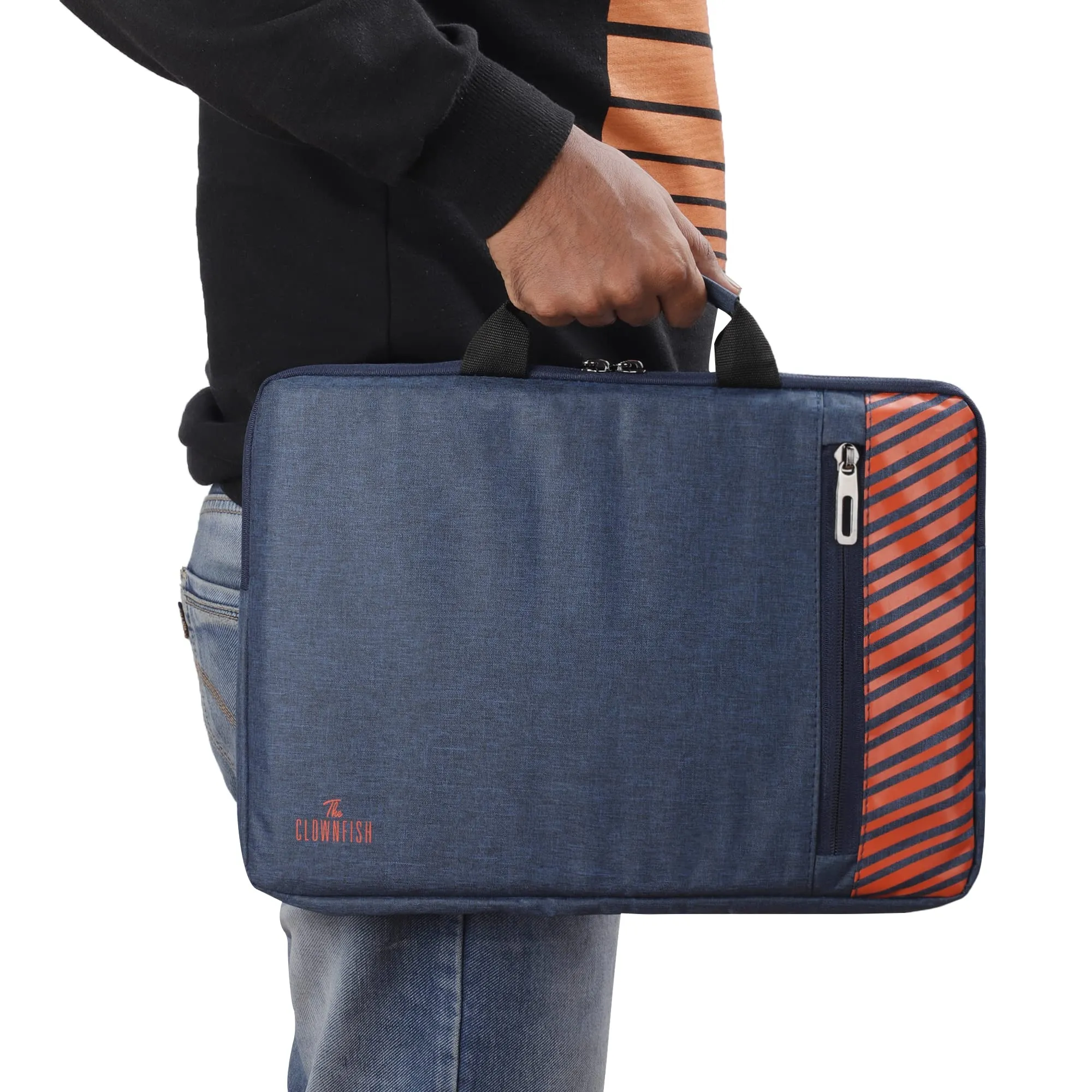 The Clownfish Combo of Rex Series Polyester 14 inch Laptop Sleeve with Comfortable Carry Handle & Scholar Series Multipurpose Polyester Travel Pouch Pencil Case Toiletry Bag (Blue)