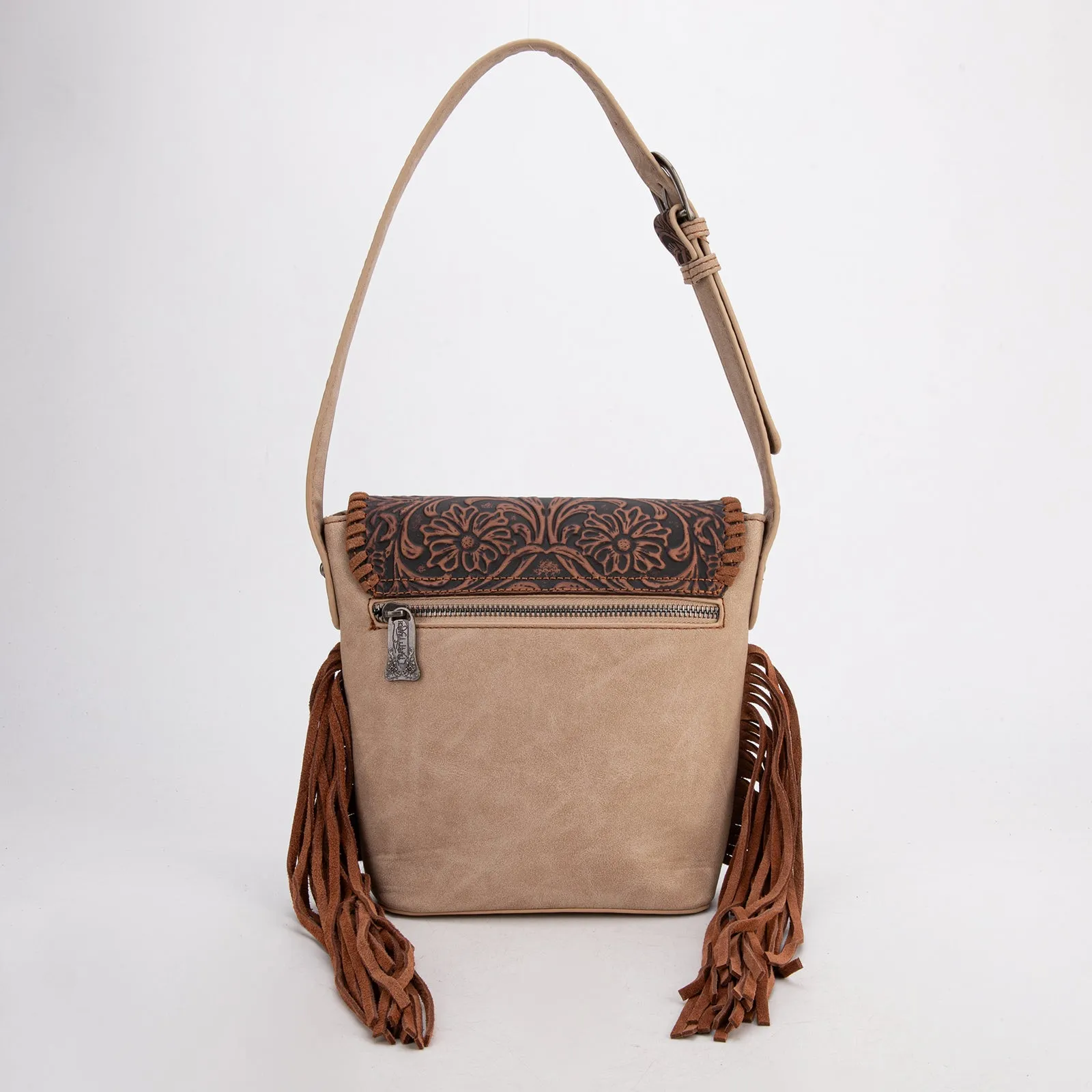 TR182-9181  Trinity Ranch Genuine Hair-On Cowhide Tooled Fringe Shoulder Bag- Tan