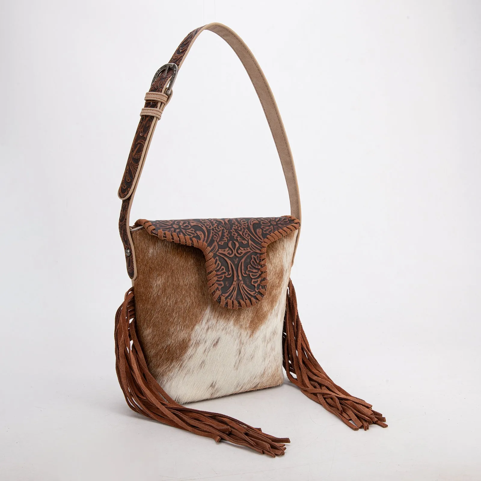 TR182-9181  Trinity Ranch Genuine Hair-On Cowhide Tooled Fringe Shoulder Bag- Tan